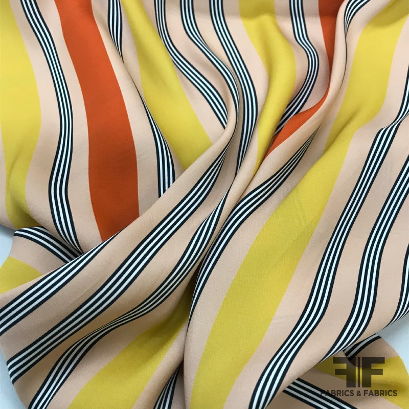 Striped Satin Backed Crepe – Peach/Orange/Yellow/Black Fabric by the Yard