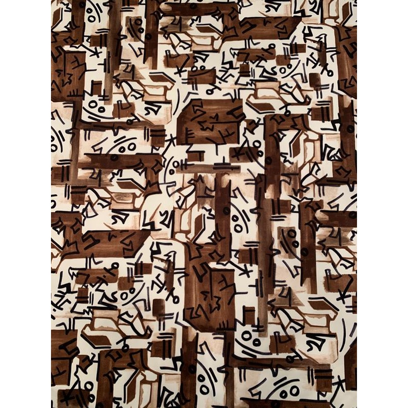 Twentieth Century Abstract Artistic Printed Stretch Cotton Sateen – Chocolate / Tan / Black / Ivory Fabric by the Yard