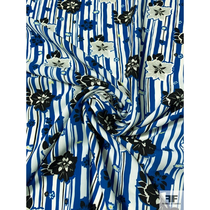 Vertical Striped and Floral Printed Polyester Crepe – Blue / White / Black Fabric by the Yard