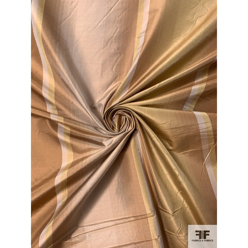 Vertical Striped Yarn-Dyed Silk Taffeta – Khaki Golds / Caramel Brown Fabric by the Yard