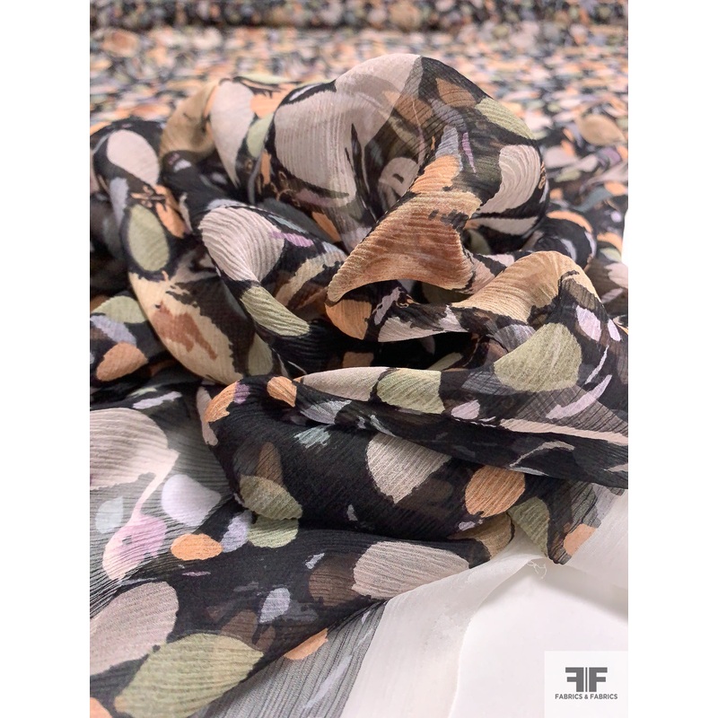 Watercolor Petals and Floral Crinkled Silk Chiffon – Peach / Dusty Teal / Beige / Black Fabric by the Yard