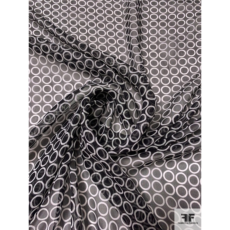 Circles Printed Silk Chiffon – Black / White Fabric by the Yard