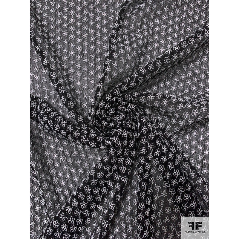 Ditsy Floral Embroidered Crinkled Silk Chiffon – Black / Off-White Fabric by the Yard