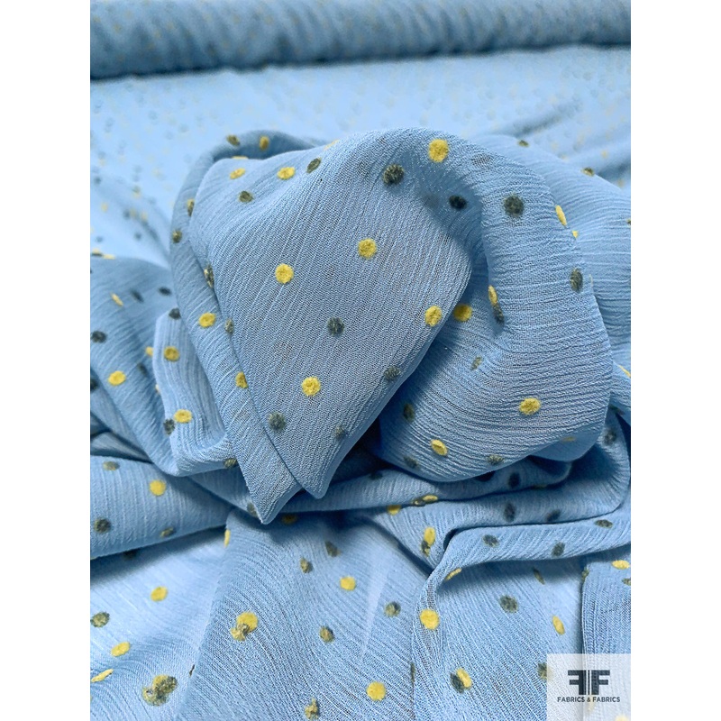 Dotted Flocked Crinkled Polyester Chiffon – Airforce Blue / Mustard / Dark Grey Fabric by the Yard