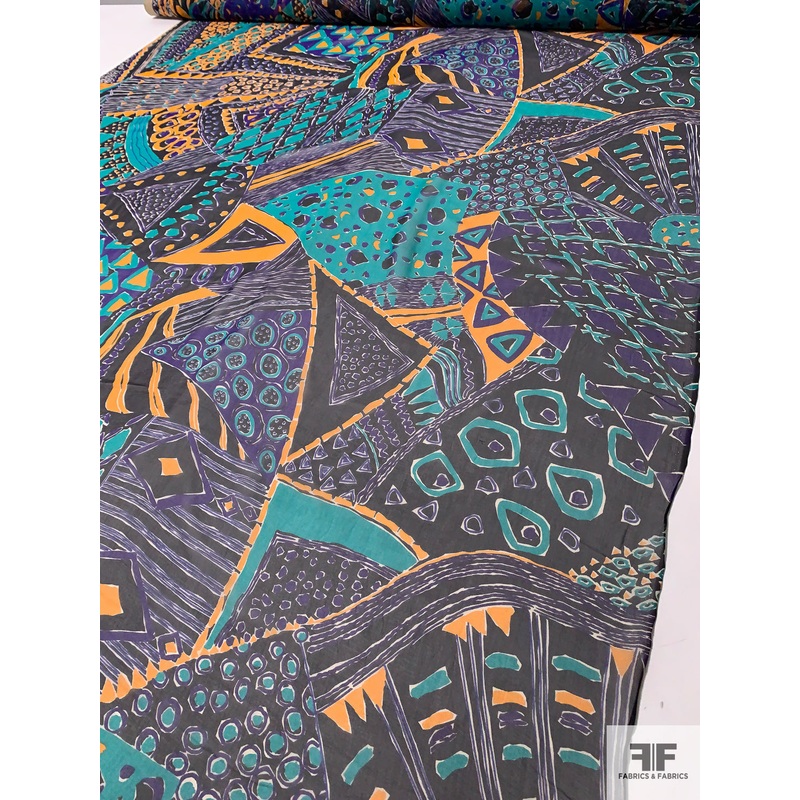Ethnic Inspired Collage Printed Silk Chiffon – Turquoise / Purple / Tangerine Fabric by the Yard