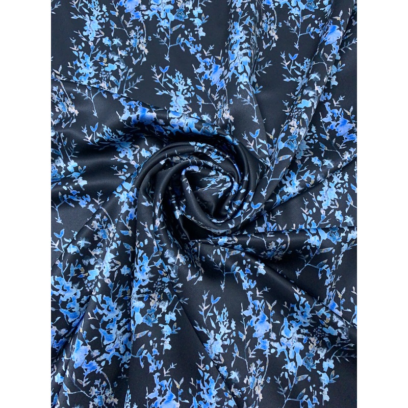 Floral Printed Polyester Charmeuse – Blue / Dark Navy Fabric by the Yard