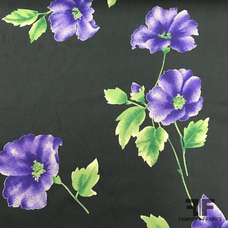 Floral Printed Silk Chiffon – Black/Purple Fabric by the Yard
