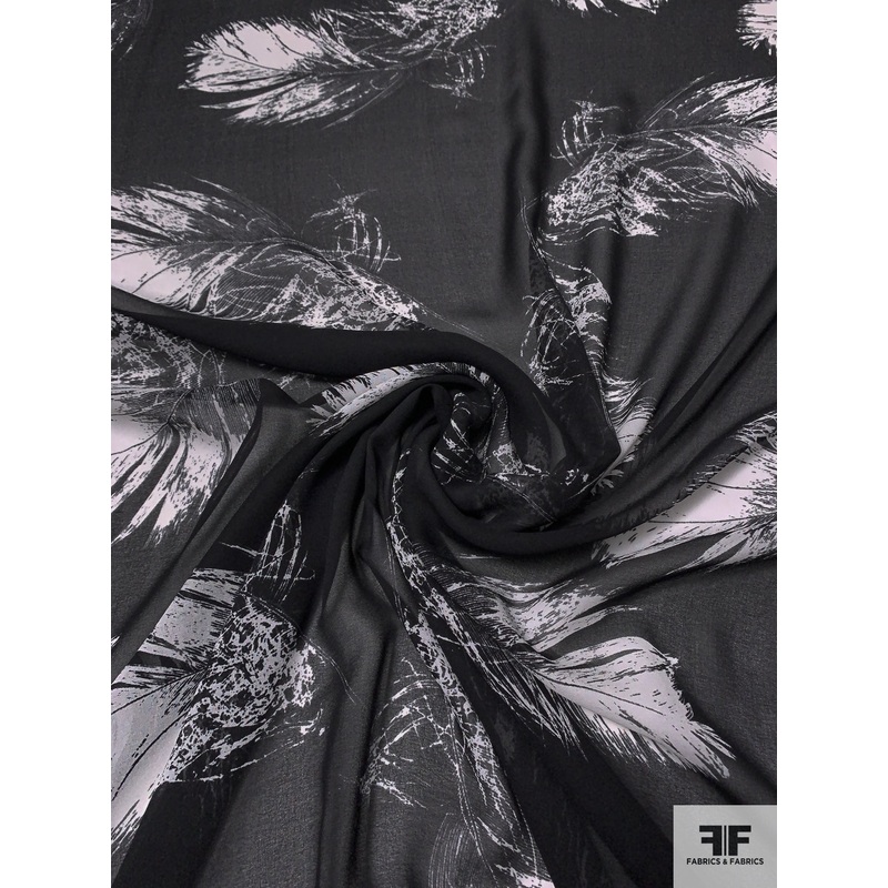 Italian Floating Feathers Sketch Printed Silk Chiffon – Black / Off-White Fabric by the Yard