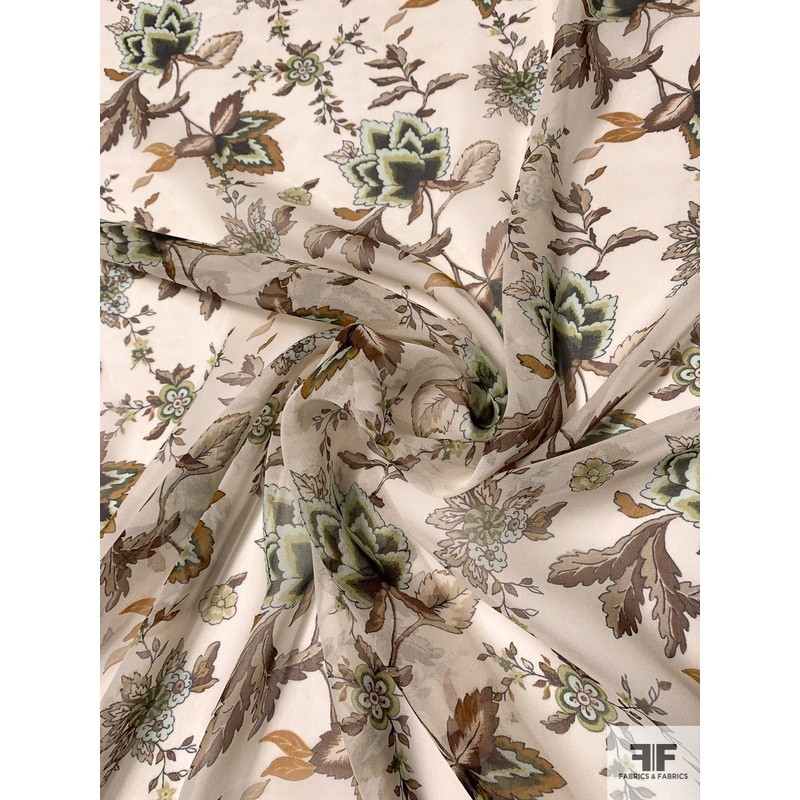 Leaf Stem Printed Silk Chiffon – Off-White / Earth Tones / Mint Fabric by the Yard