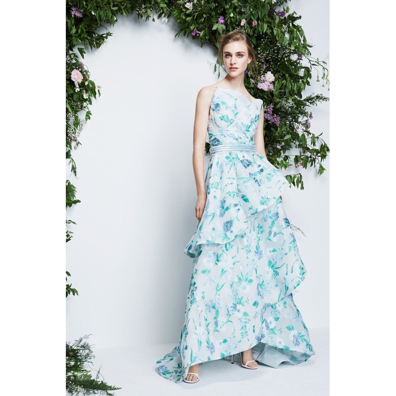 Pamella Roland Floral Fil Coup Organza with Lurex – White / Green / Light Blue Fabric by the Yard