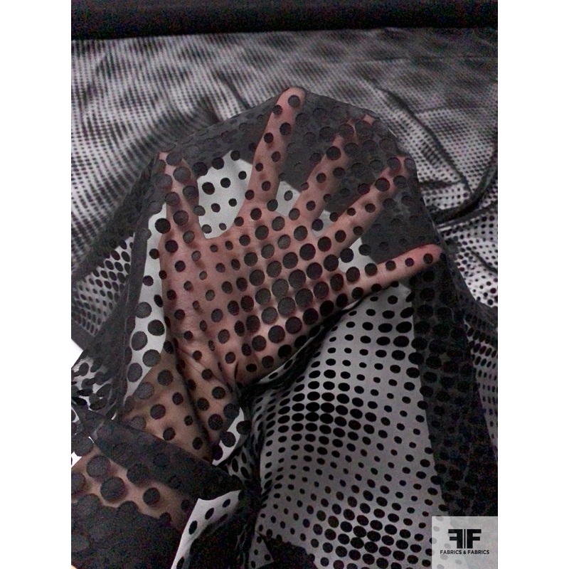 Prabal Gurung Hypnotic Polka Dot Grid Polyester Burnout Chiffon – Black Fabric by the Yard
