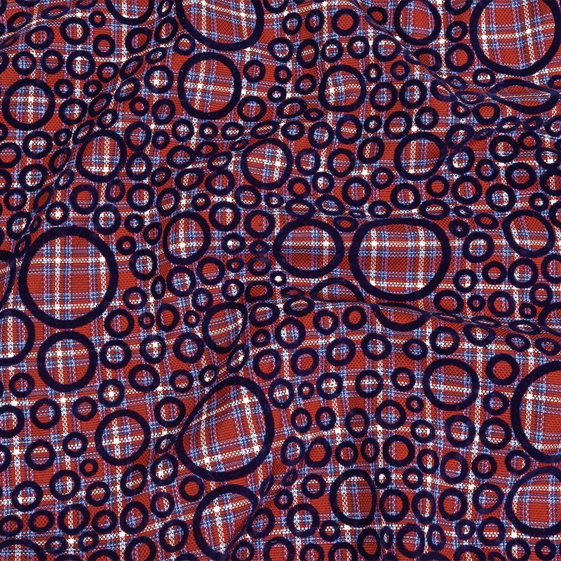 Red, White and Navy Flocked Circles on Plaid Rustic Cotton and Polyester Woven