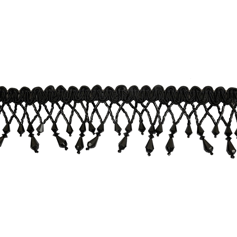 Vintage Black Fancy Beaded Fringe on Black Braid – 2.25″
