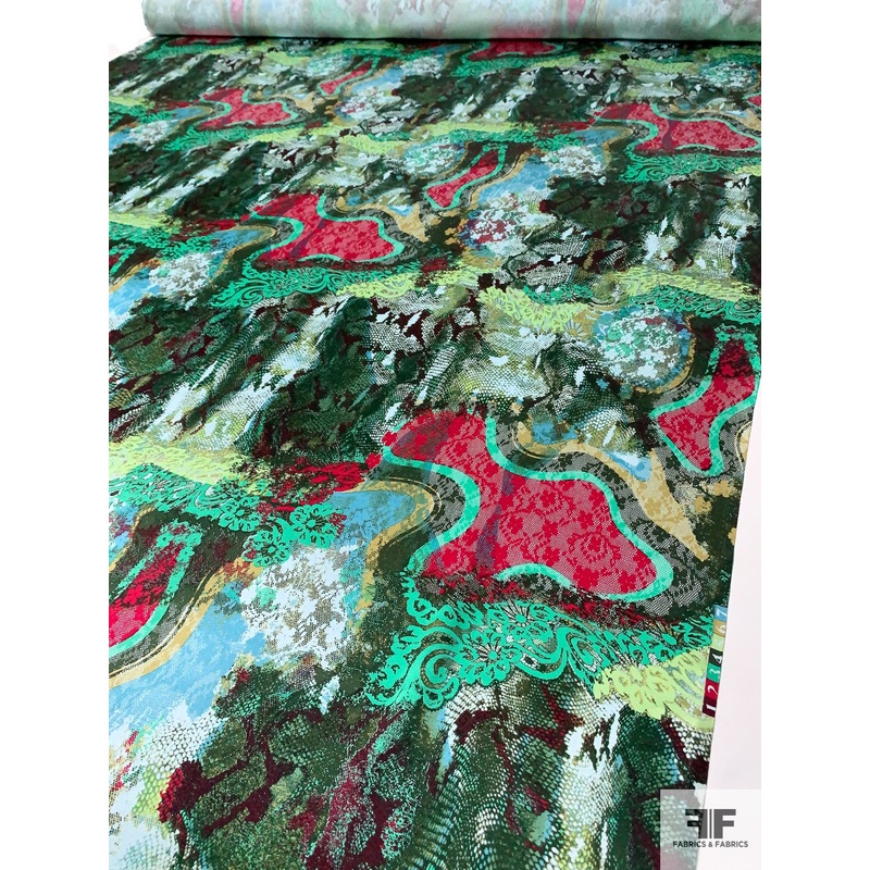 Abstract and Animal Pattern Printed Silk Charmeuse – Shades of Green / Red / Blue Fabric by the Yard
