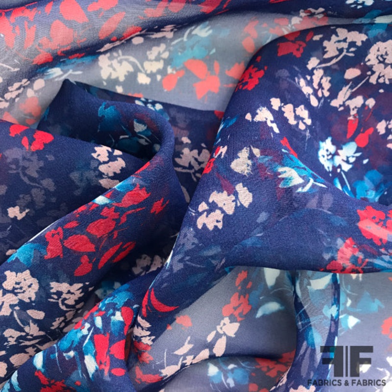 Abstract Floral Printed Silk Chiffon – Navy Fabric by the Yard