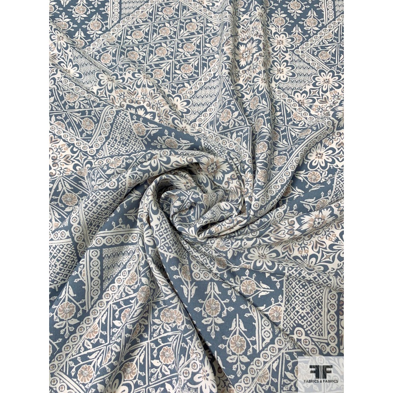 Coastal Floral inspired Printed Rayon Challis – Pigeon Blue / Light Ivory / Beige Fabric by the Yard