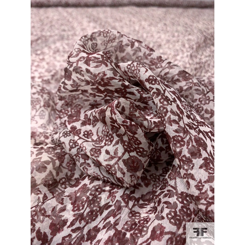 Ditsy Floral Vine Silhouette Printed Silk Chiffon – Eggplant Brown / Off-White Fabric by the Yard