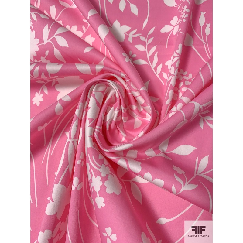 Floral Silhouette Printed Stretch Cotton Sateen – Bubblegum Pink / White Fabric by the Yard