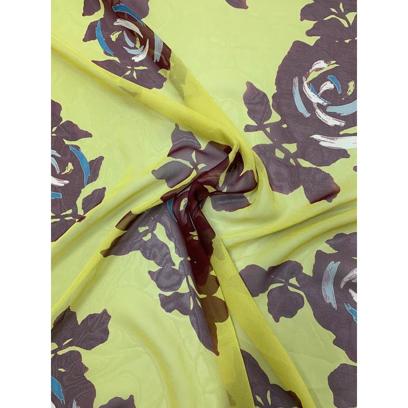 Graphic Large Floral Printed Silk Chiffon – Mustard / Maroon Fabric by the Yard