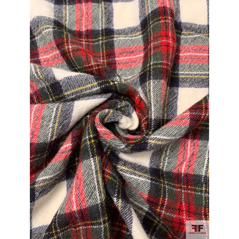 Italian Plaid Brushed Wool Jacket Weight – Red / Off-White / Evergreen / Yellow Fabric by the Yard