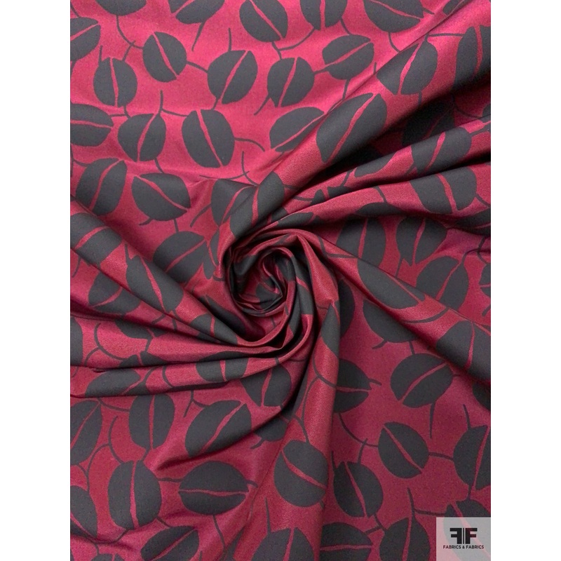 Italian Silhouette Leaf Petals Printed Silk Faille – Burgundy / Black Fabric by the Yard