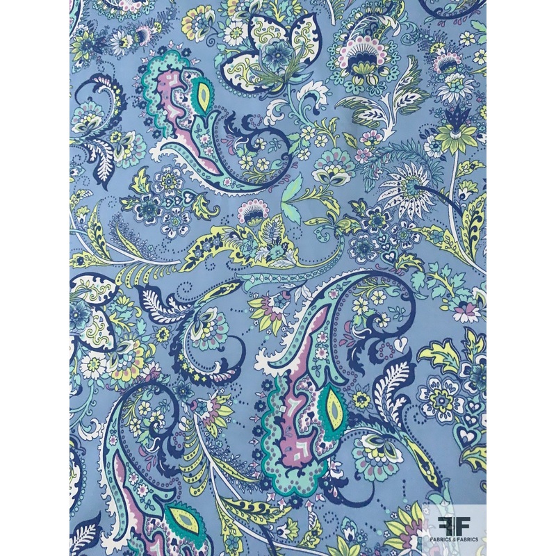 Paisley Printed Lightweight Stretch Cotton Twill – Shades of Blue / Aqua / Chartrease Fabric by the Yard