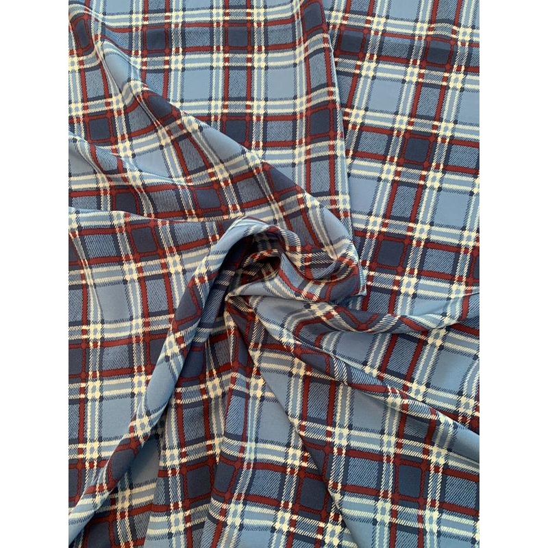 Plaid Printed Silk Crepe de Chine – Cadet Blue / Burgundy Fabric by the Yard