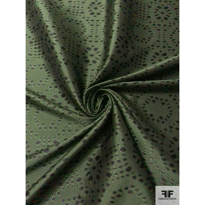 Stencil Circle Patterned Brocade – Moss Green / Black Fabric by the Yard