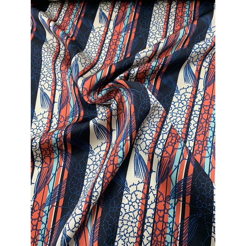 Striped Floral Printed Silk Charmeuse  –  Blue / White / Coral Fabric by the Yard