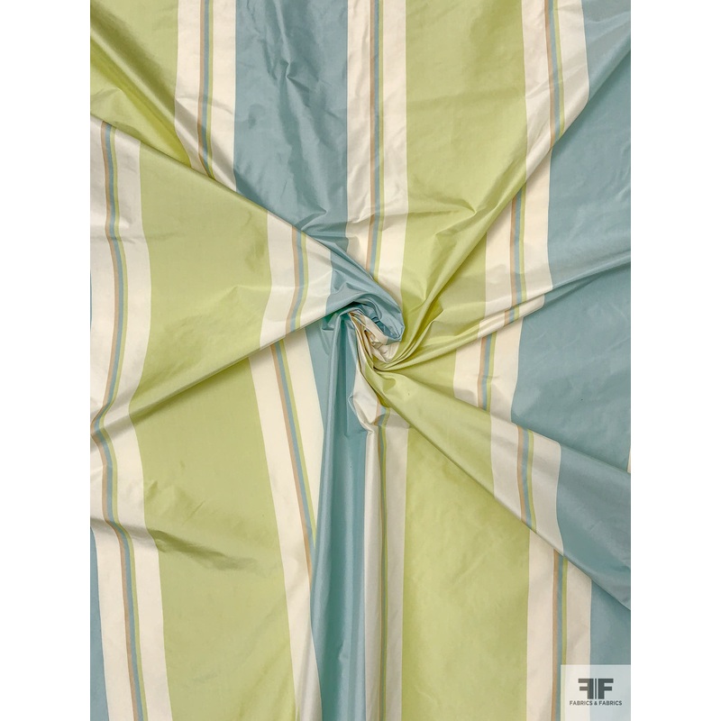 Vertical Striped Yarn-Dyed Silk Taffeta – Dusty Seafoam / Muted Chartreuse / Cream Fabric by the Yard