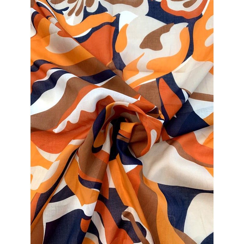 Abstract Printed Cotton Voile – Orange / Off-White / Navy Fabric by the Yard