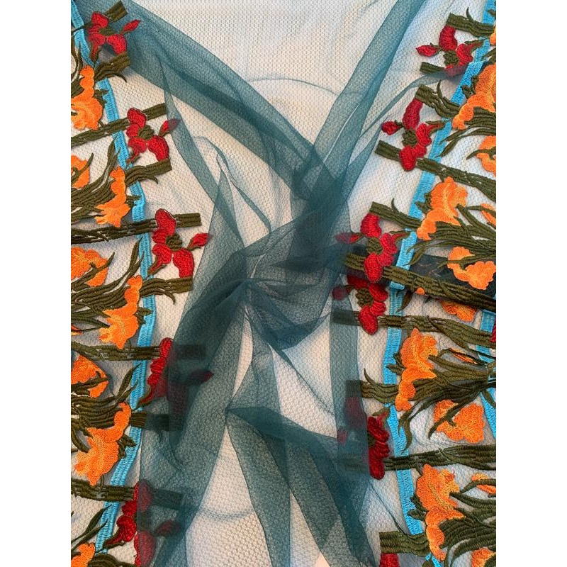 Anna Sui Floral Double Bordered Novelty Tulle – Teal / Orange / Red / Turquoise Fabric by the Yard