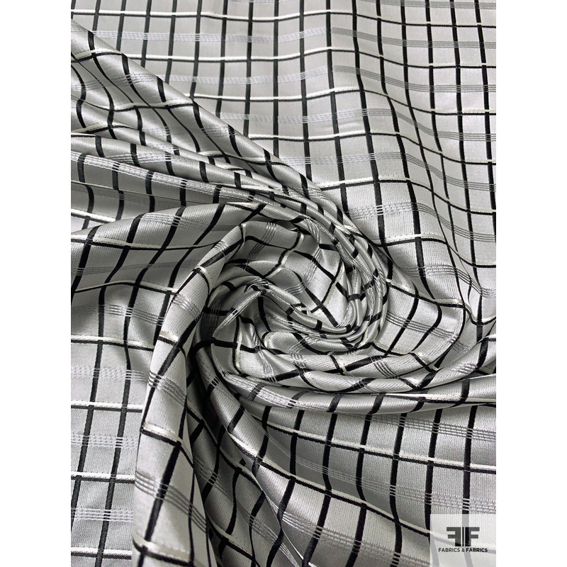 Basketweave Plaid Silk Necktie Jacquard Brocade – Grey / Black / White Fabric by the Yard