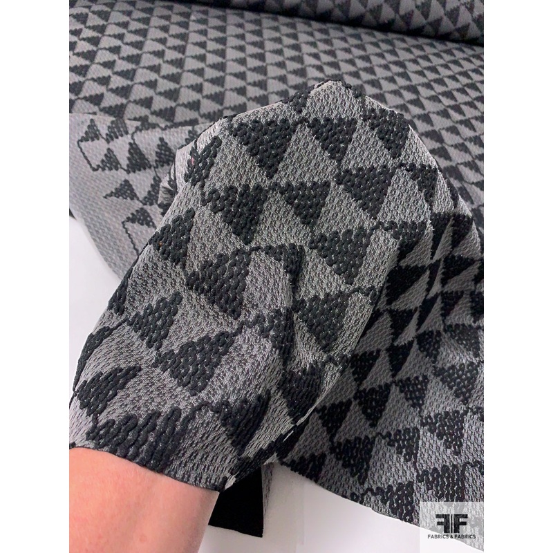 Embroidered Textured Novelty Tulle Fused on Black Knit – Black / Light Grey Fabric by the Yard