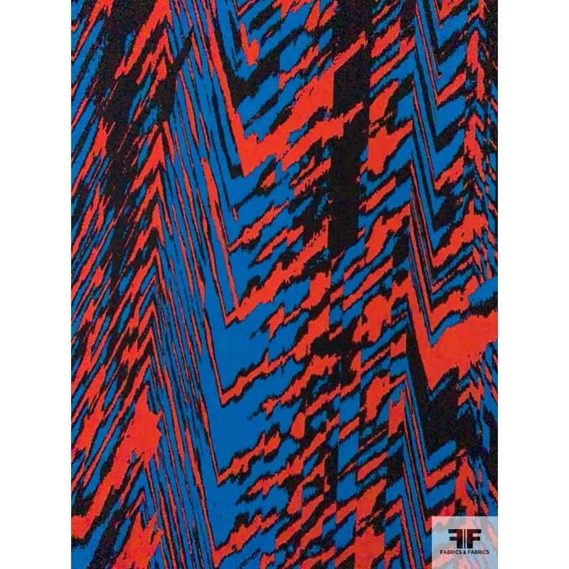 Ethnic Broken Zig-Zag Printed Stretch Polyester Sateen with Mechanical Stretch – Teal / Brick / Black Fabric by the Yard
