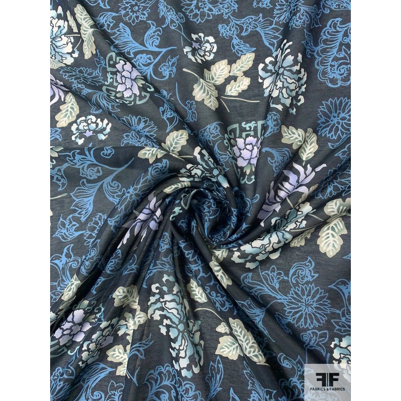 Floral Border Pattern Printed Silk and Cotton Voile – Navy / Blue / Mint / Sage / Teal Fabric by the Yard