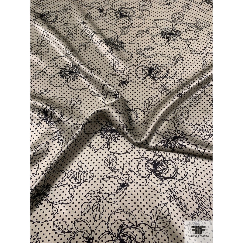 Floral Sketch and Dotted Printed Silk Charmeuse – Taupe-Grey / Black Fabric by the Yard