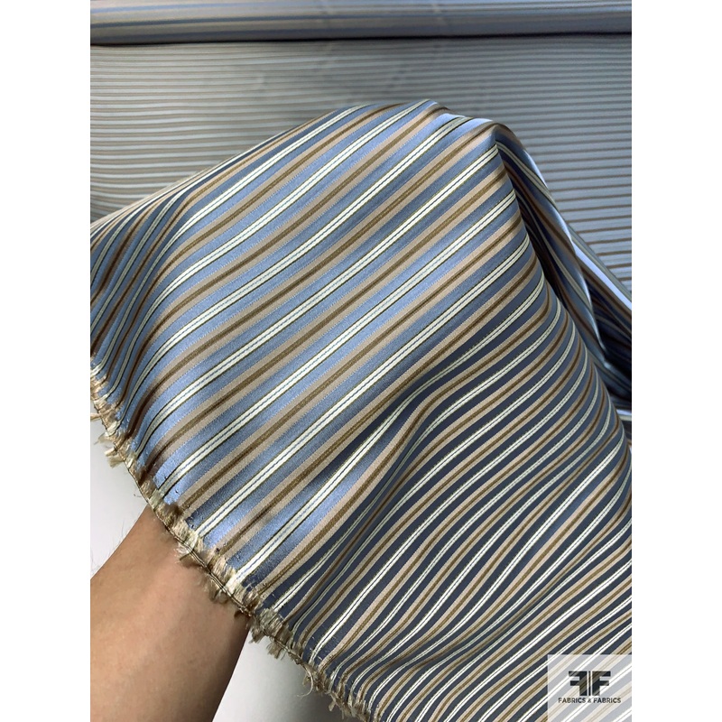 Horizontal Striped Silk Necktie Jacquard Brocade – Soft Blue / Taupe / Antique Olive Fabric by the Yard