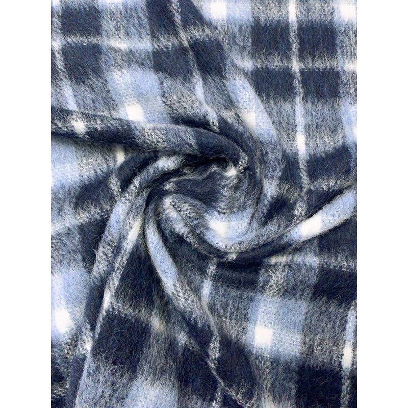 Italian Plaid Mohair-Like Wool Blend Coating – Slate Navy / Icy Blue / Off-White Fabric by the Yard