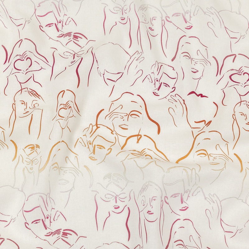 Linen and Rayon Woven – Pink, White and Orange Faces and Hands – Language of Love Print – Mood Exclusive Pride Collection