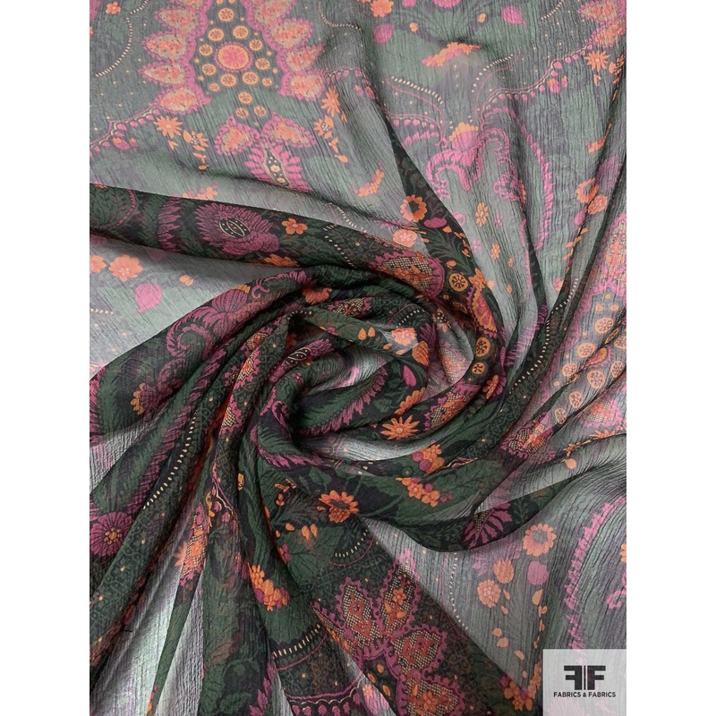 Ornate Leaf Printed Crinkled Silk Chiffon – Army Green / Orange / Pink-Berry Fabric by the Yard