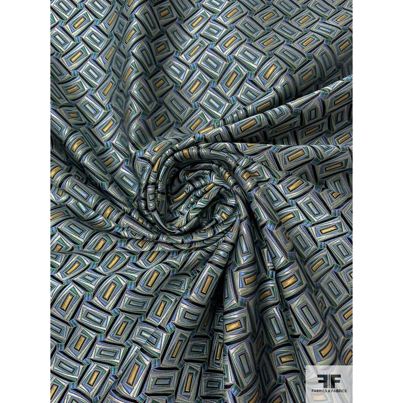 Rectangles Silk Necktie Jacquard Brocade – Blue / Green / Navy Fabric by the Yard