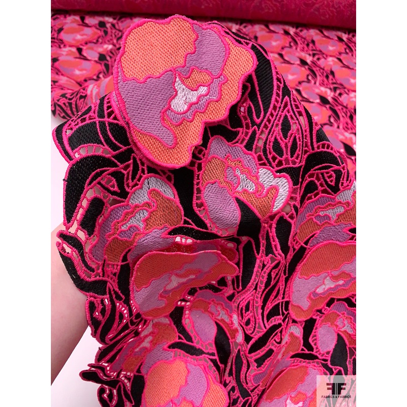 3-Dimensional Floral Guipure Lace – Hot Pink / Black / Lilac / Light Coral Fabric by the Yard