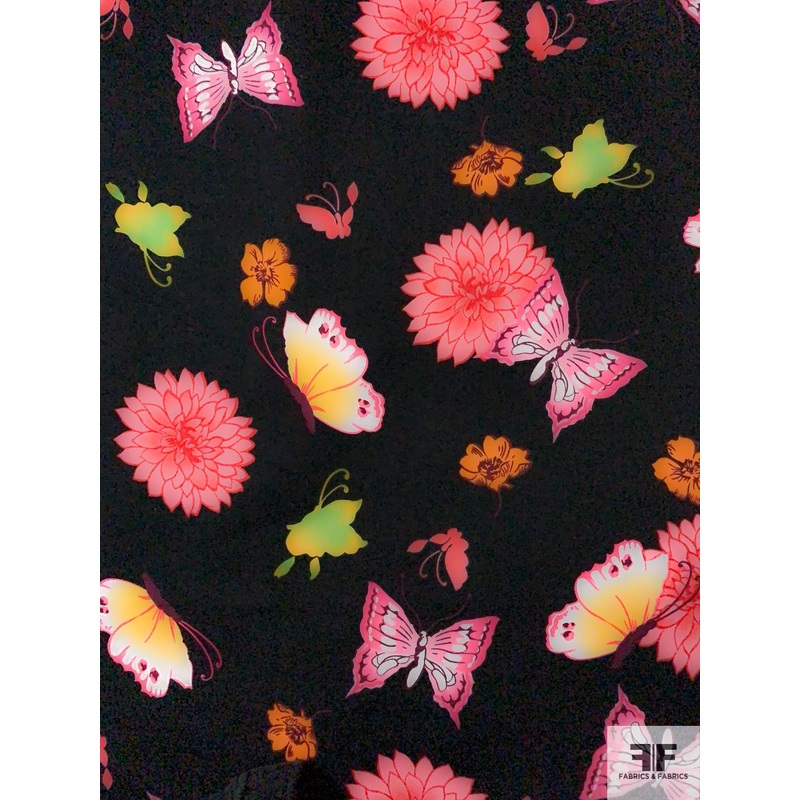 Butterfly and Floral Printed Stretch Cotton Sateen – Black / Magenta / Coral / Orange / Green Fabric by the Yard