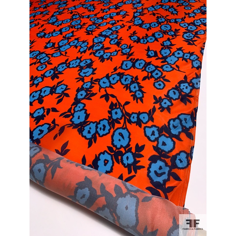 Carolina Herrera Playful Floral Printed Silk Gazar – Blood Orange / Blue / Navy Fabric by the Yard