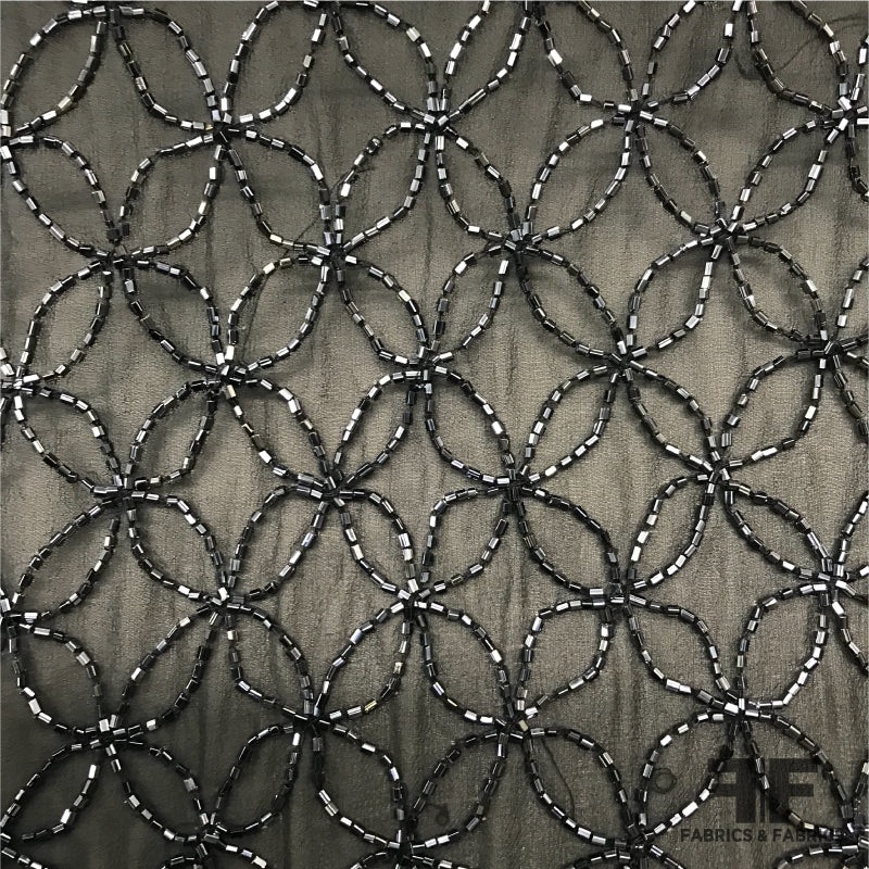 Couture Lattice Beaded Silk Chiffon – Black Fabric by the Yard