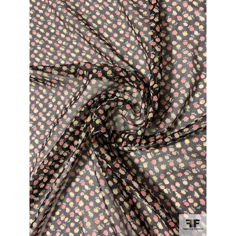 Ditsy Floral Printed Silk Chiffon – Black / Salmon Yellow / Sage Fabric by the Yard