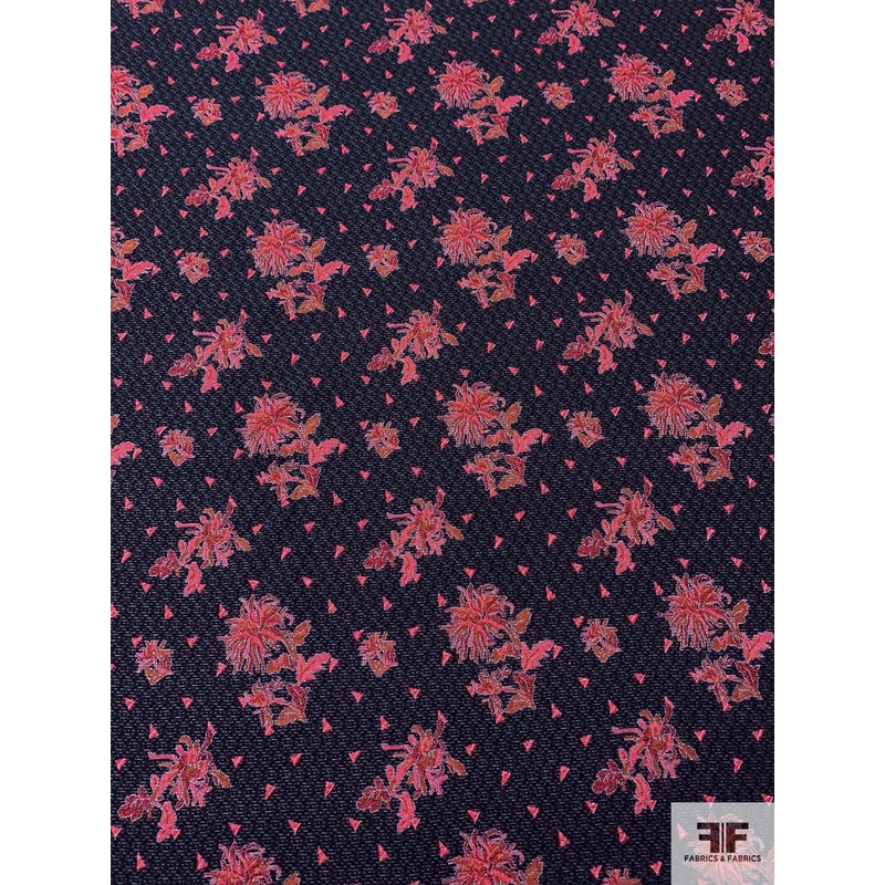Exotic Floral and Triangles Quilt-Look Brocade – Navy / Orange / Red Fabric by the Yard