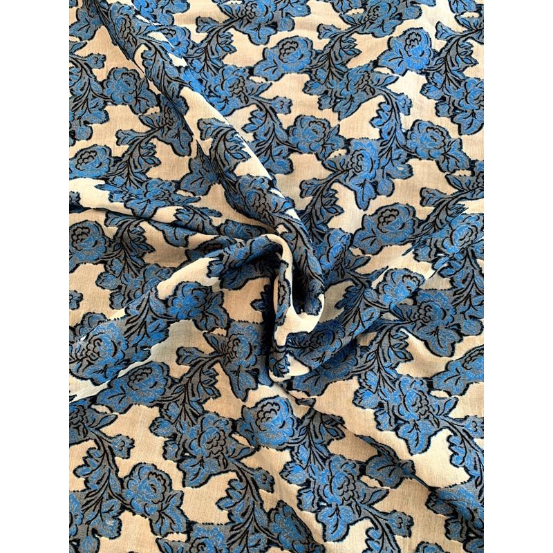 Italian Floral Clip Silk and Cotton Organza – Blue / Lt Grey / Black Fabric by the Yard