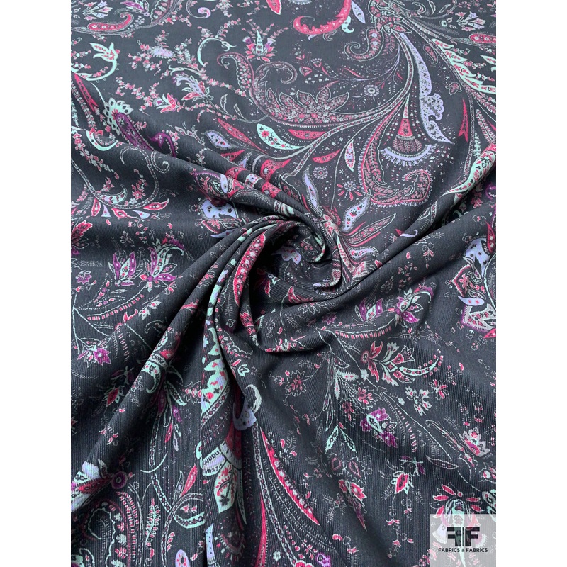 Italian Paisley Floral Printed Pinwale Cotton Corduroy – Porpoise Grey / Magenta / Mint Fabric by the Yard